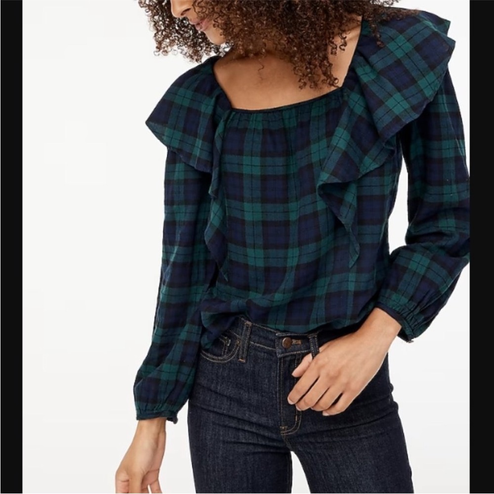 J.Crew Factory Women's Black Watch Tartan Flannel Squareneck Ruffle top NWT